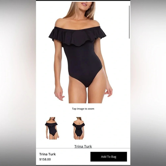 Trina Turk Solid Monarco Off-the-Shoulder Ruffle One Piece Swimsuit sz 4 - Picture 3 of 6